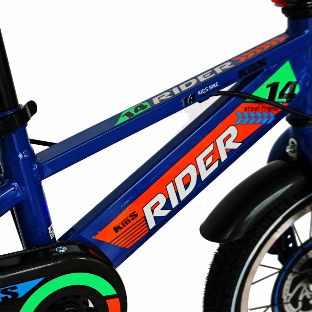 Bicicleta Carpat Rider C1407C 14 V-Brake cu cosulet si roti ajutatoare 3-5 ani albastruportocaliu