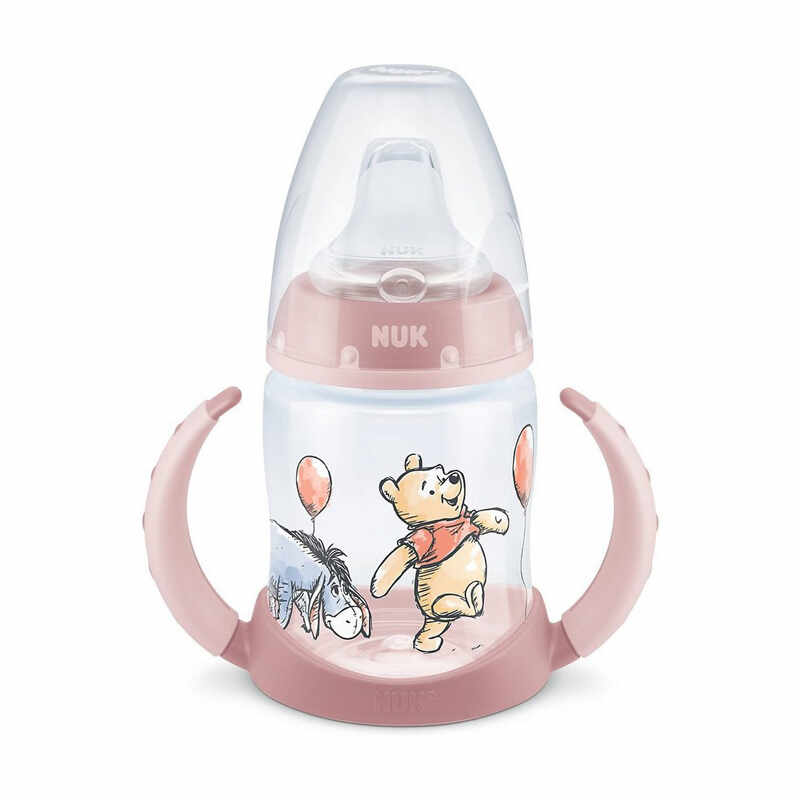 Biberon Nuk First Choice 150 ml cu toarte si adaptor din silicon Disney roz 6 luni+