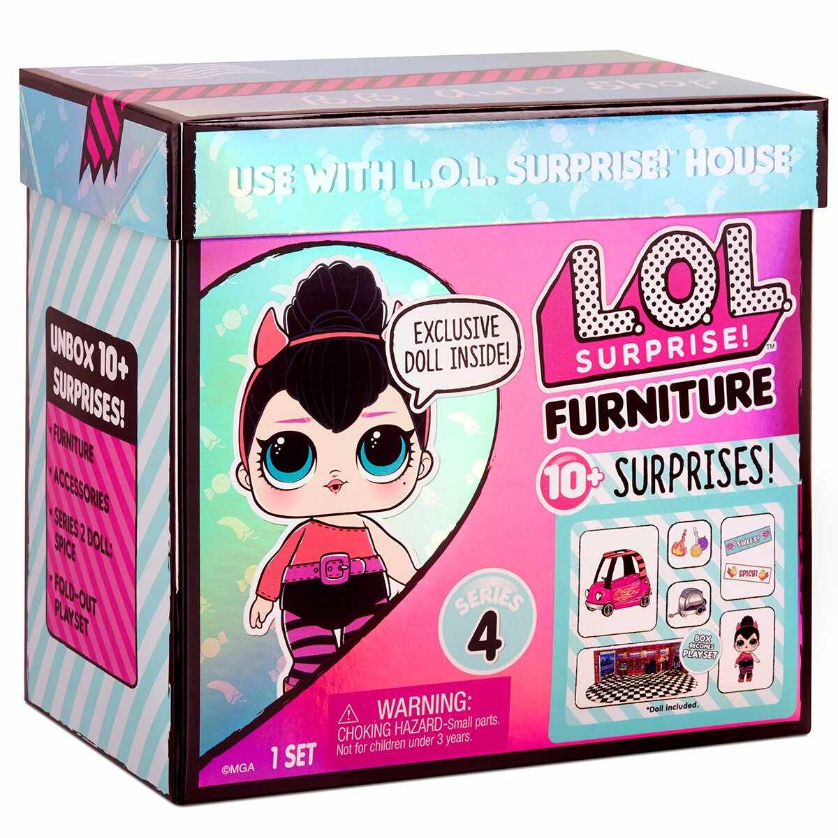 Set de joaca LOL Surprise Furniture BB Auto Shop, S4 cu papusa Spice si 10 surprize, 572619EUC