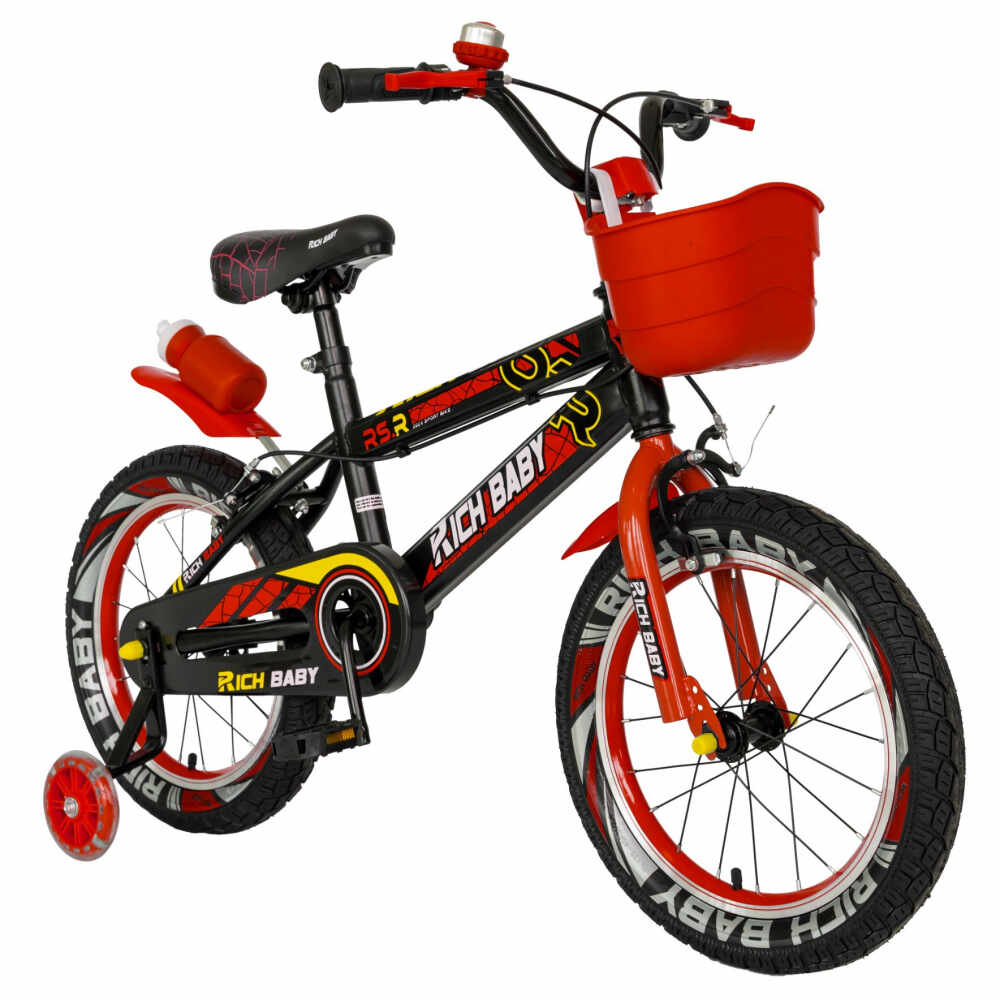 Bicicleta baieti 4-6 Ani 16 inch Rich Baby CSR16WTB negru cu rosu
