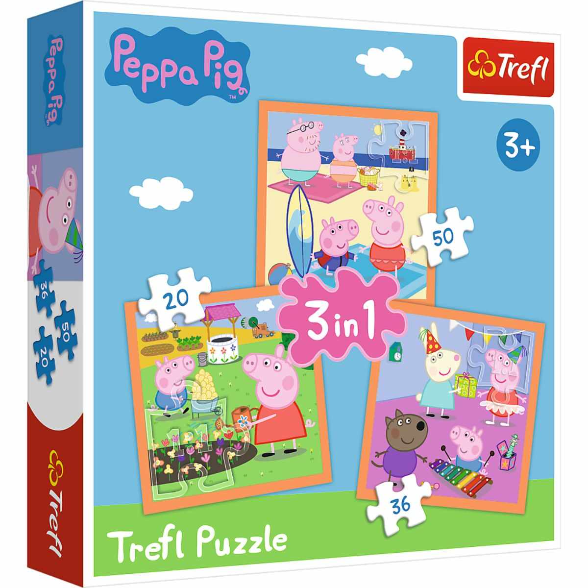 Puzzle 3 in 1, Trefl, Peppa cea inventiva (20, 36 si 50 piese)