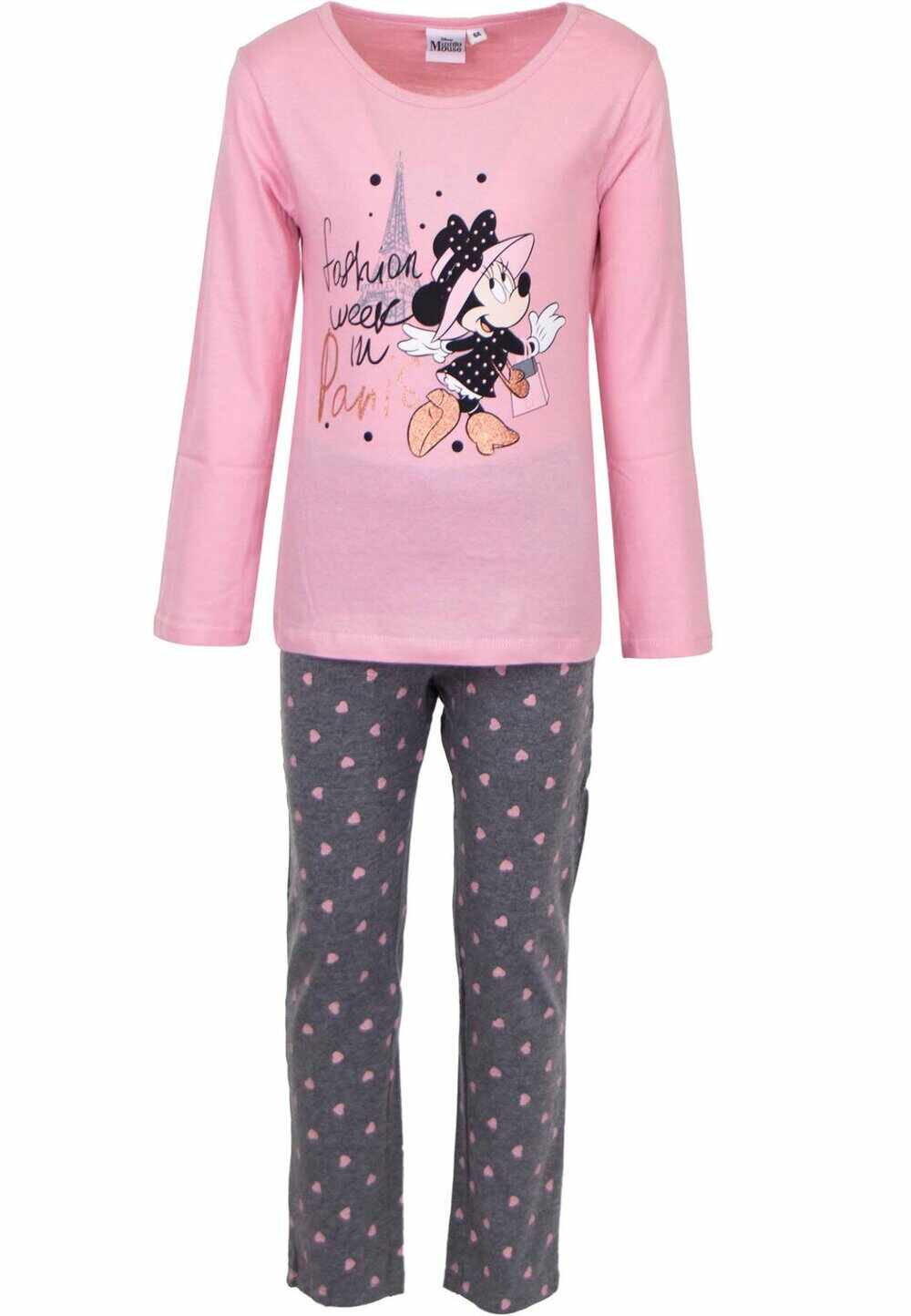 Pijama maneca lunga, bumbac, cu imprimeu, Minnie, Paris, roz