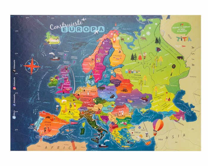 Construieste Europa - Puzzle Educativ in format mare - Tari, Relief, Steaguri si Obiective Turistice