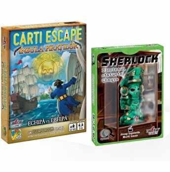 Pachet Escape room portabil: Carti Escape - Insula piratilor + Sherlock - Blestemul statuetei Qhaqya