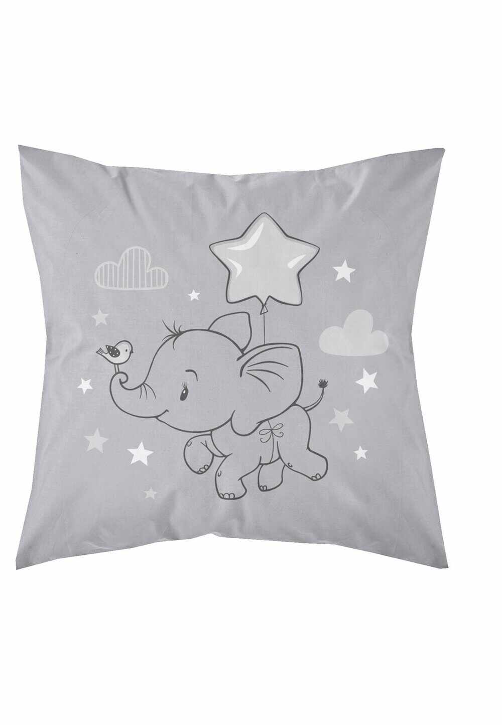 Fata perna bumbac, Little Star, elefant cu stea, gri, 40x40 cm