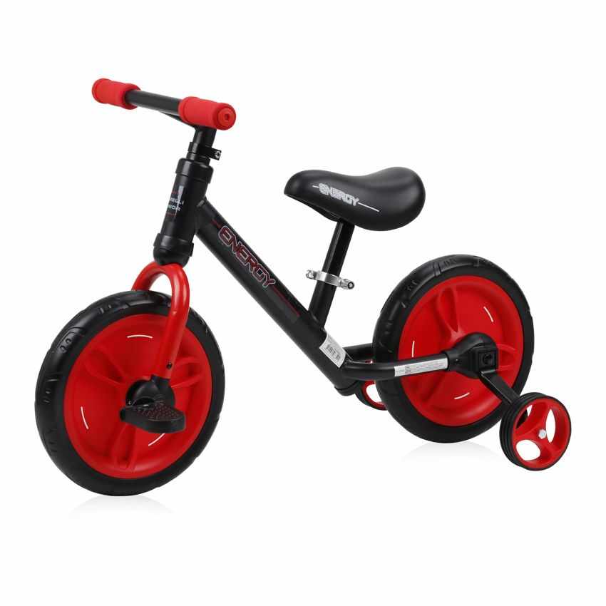 Bicicleta fara pedale unisex 11 inch Lorelli Energy 2020 negru si rosu cu roti ajutatoare