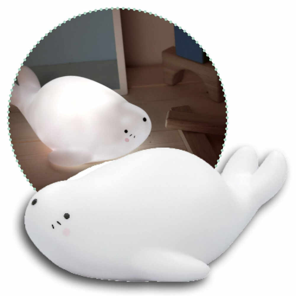 Lampa de veghe si veioza cu LED lumina reglabila si functie oprire cronometrata forma foca alba Lumilu Lazy Friends Seal Reer