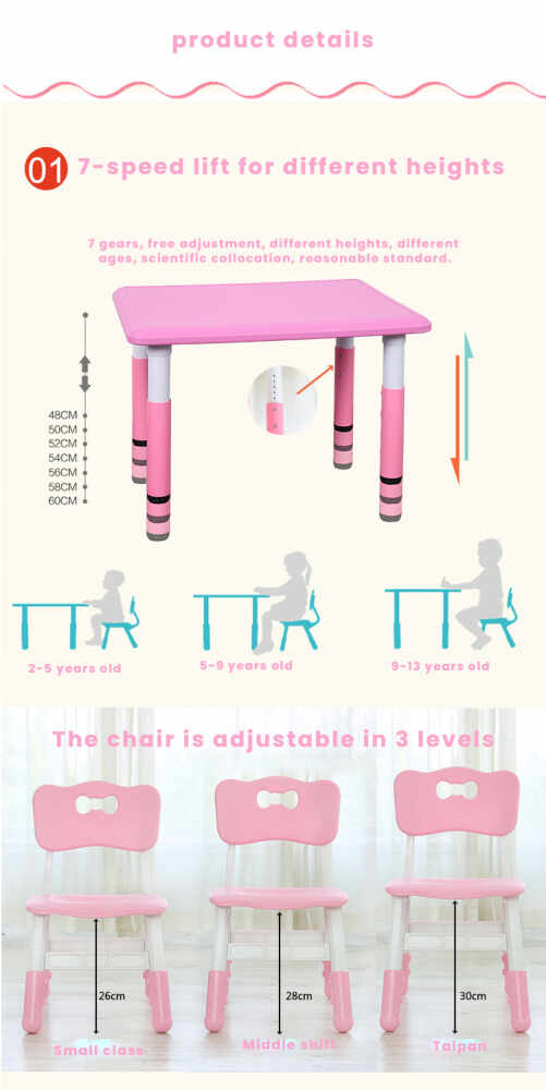 Set masuta si scaunel cu inaltime reglabila 60x60 cm Nichiduta Lift Pink