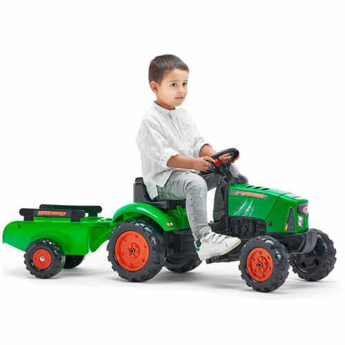 Tractor Falk verde pentru copii cu pedale si remorca