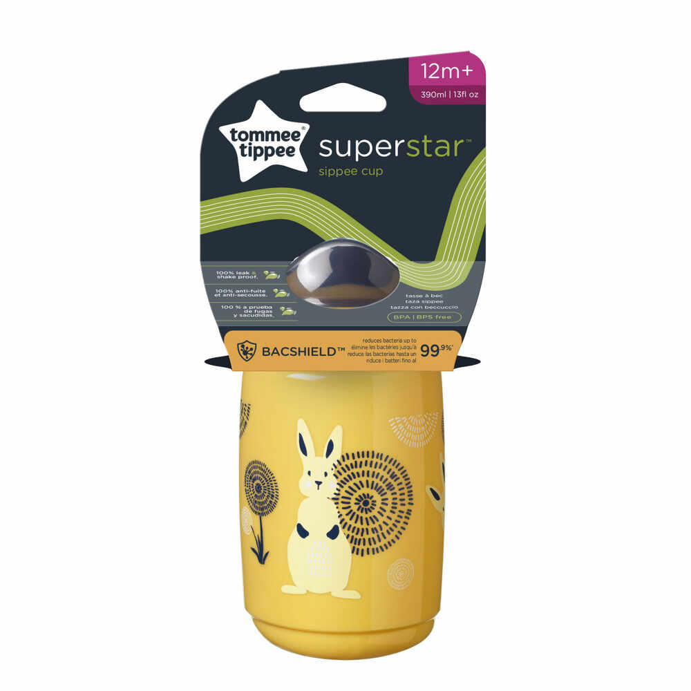 Cana Tommee Tippee Sippee cu protectie Bacshield si capac 390 ml 12 luni + galben