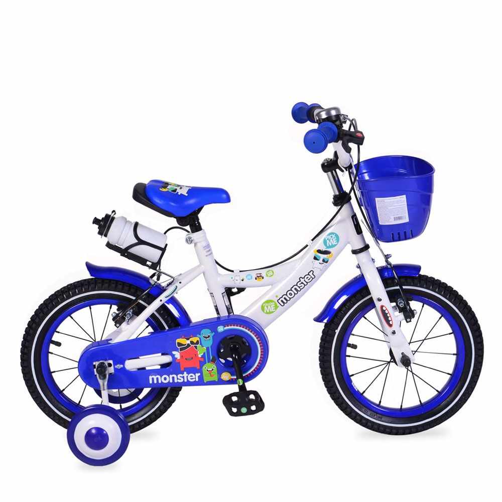 Bicicleta pentru baieti 14 inch Moni Monster albastru cu roti ajutatoare