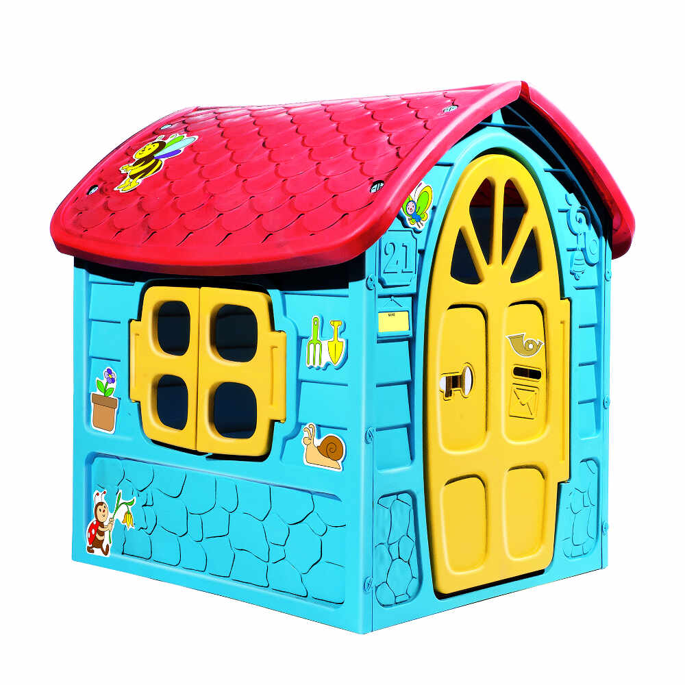 Casuta de joaca mare pentru copii Dohany Albastra cu acoperis rosu 120x113x111 cm