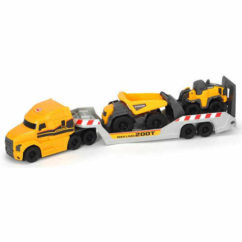Camion Mack Volvo Micro Builder Dickie Toys cu Remorca, Buldozer si Camion Basculant