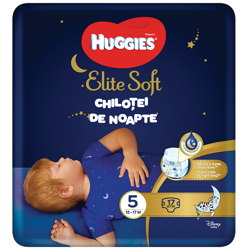 Scutece-chilotel de noapte Huggies Elite Soft Pants Overnight marimea 5, 17 buc, 12-17 kg