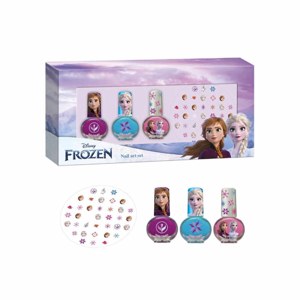 Set manichiura pentru fetite cu 3 lacuri si modele de lipit pe unghii Frozen