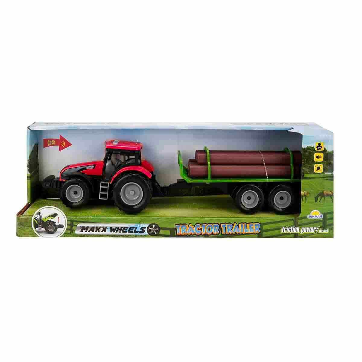 Tractor rosu cu remorca cu lemne, cu lumini si sunete, Maxx Wheels, 44 cm
