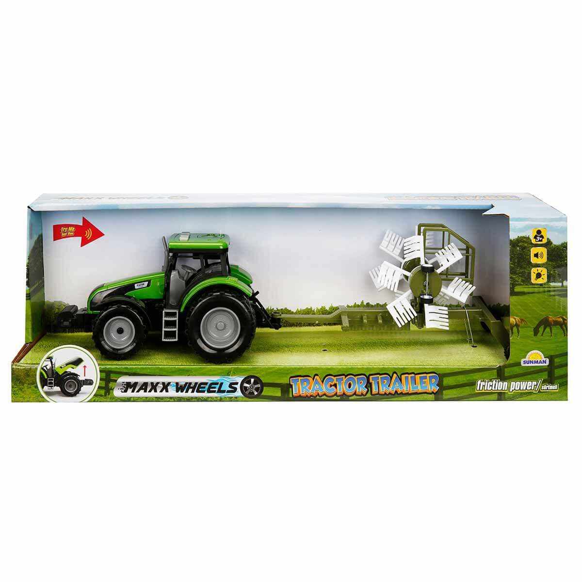 Tractor verde cu grebla, cu lumini si sunete, Maxx Wheels, 44 cm