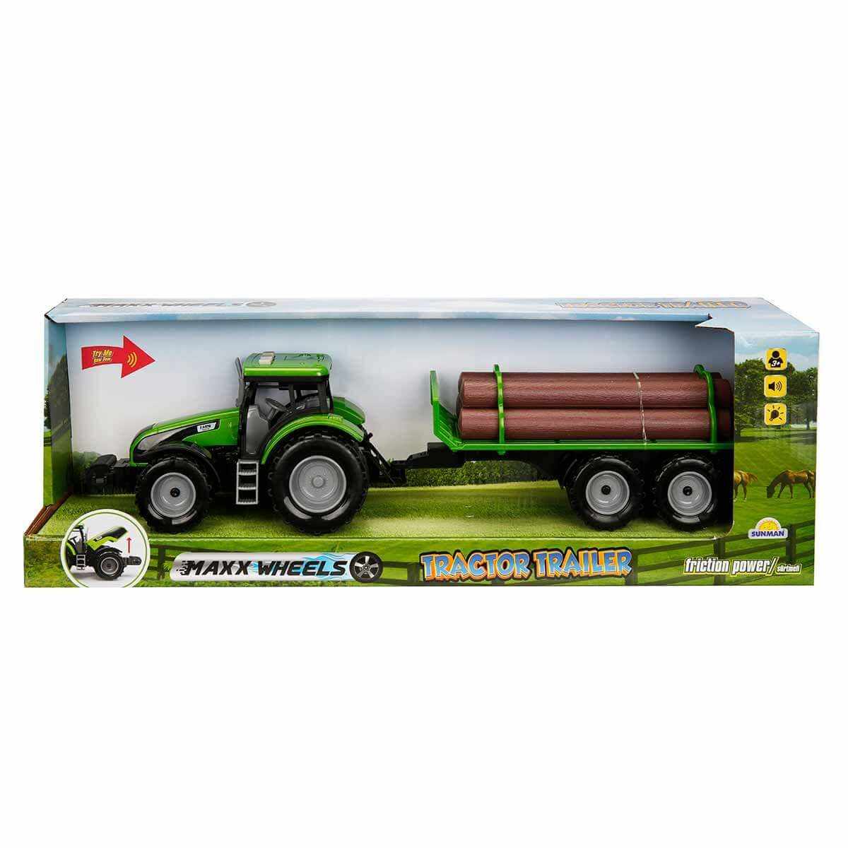 Tractor verde cu remorca cu lemne, cu lumini si sunete, Maxx Wheels, 44 cm
