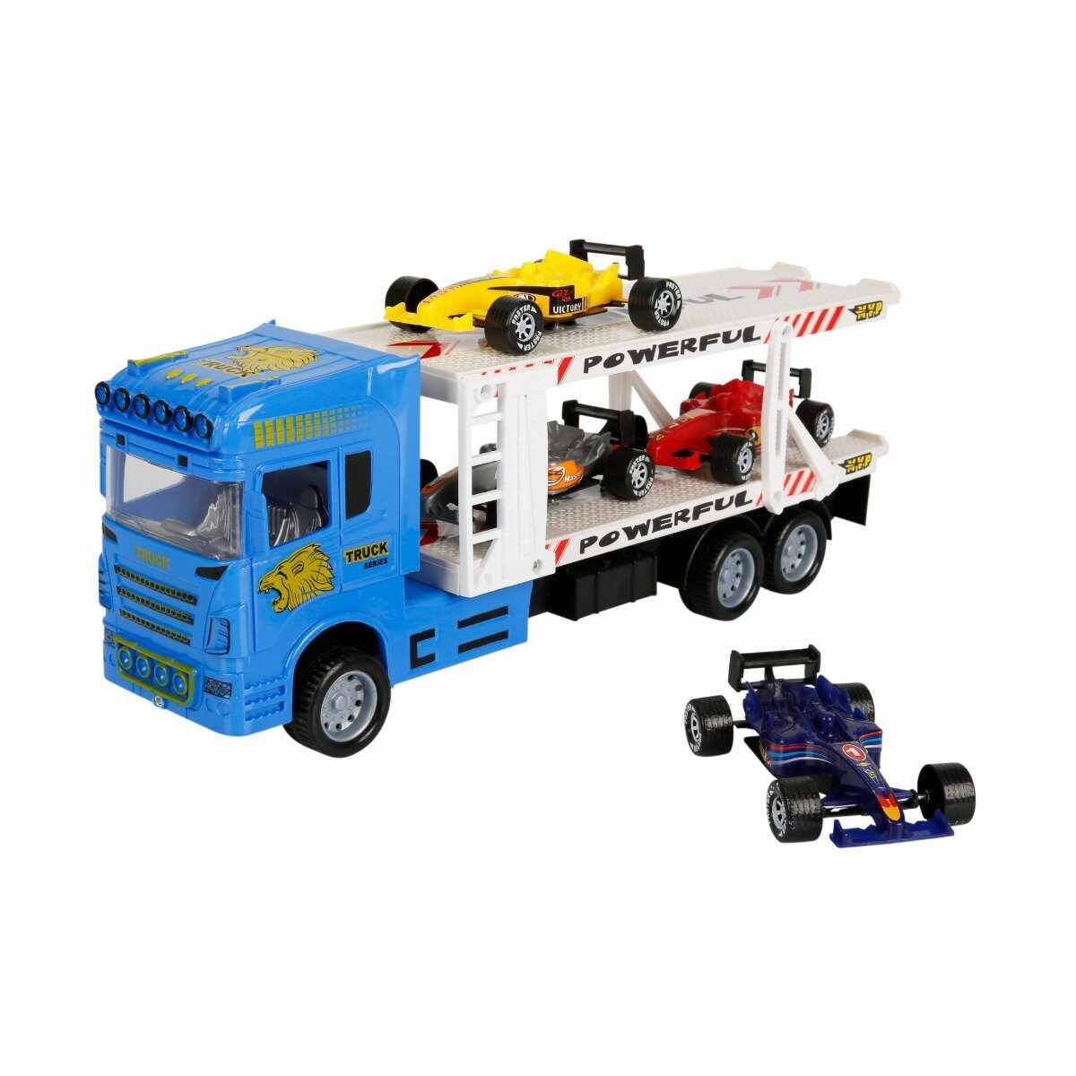 Transportator albastru cu 2 niveluri si 4 masini, Maxx Wheels, 1:32, 32 cm