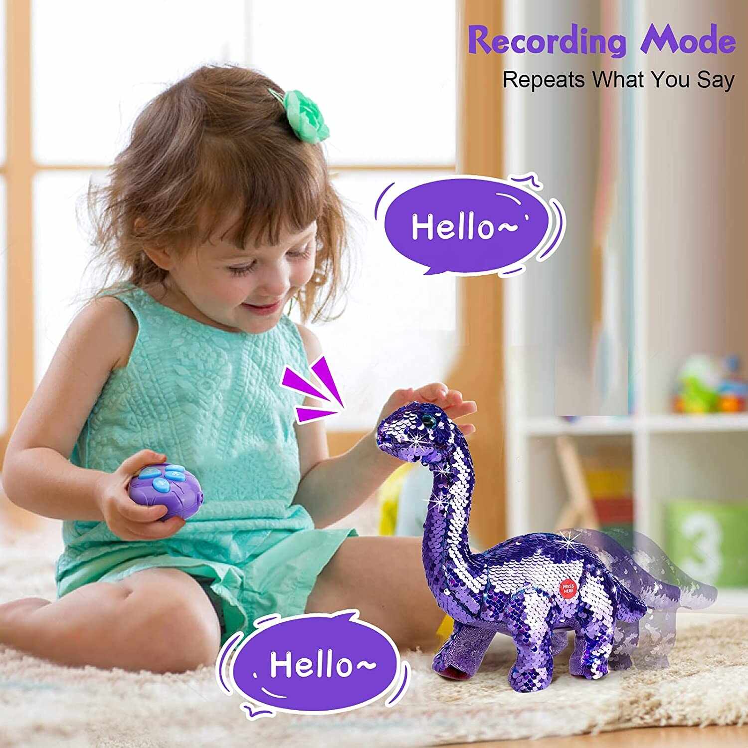 Dinozaur cu paiete, 2 fete reversibile, vorbeste, canta si merge, cu RadioComanda, Mov