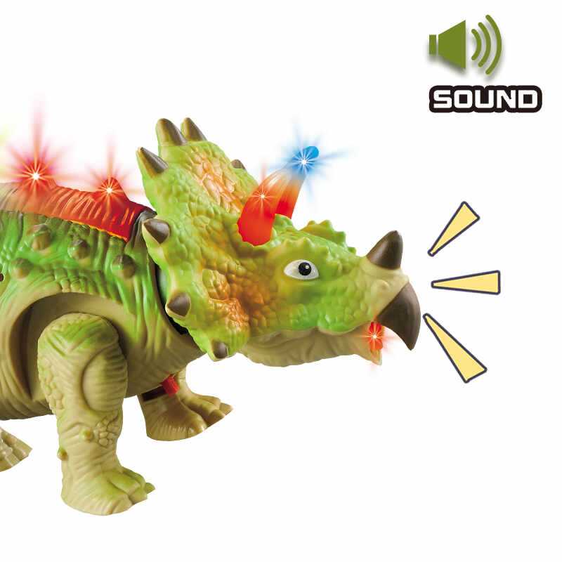 Jucarie Dinozaur Cu Baterii Triceratops, Lumini Multicolore, Sunete Si Miscari Realiste Interactive, Verde, 25 cm