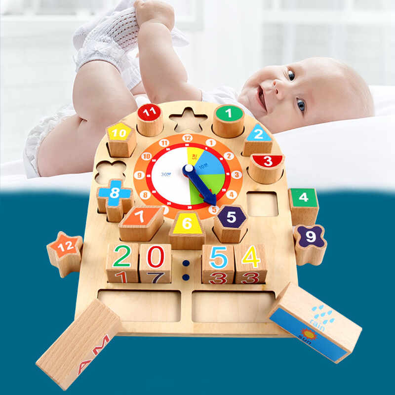 Jucarie educativa, ceas din lemn, cu diferite forme geometrice colorate, accesorii vreme