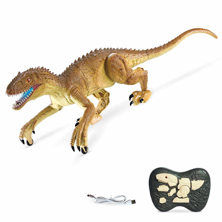 Jucarie interactiva Dinozaur Raptor Gigant cu telecomanda RC, 2.4 Ghz, sunete si lumini, Maro, 49x21x17 cm