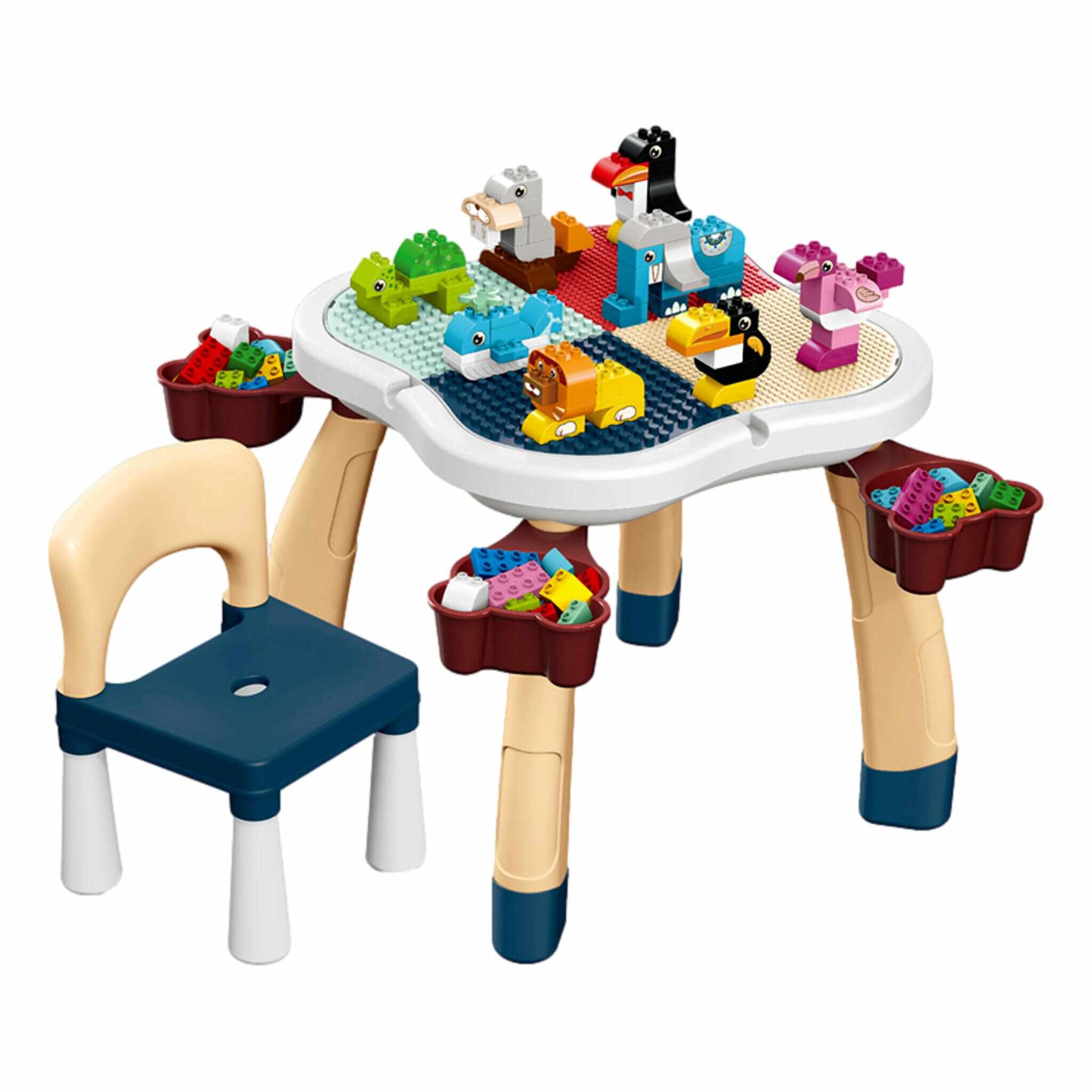 Masa tip birou cu scaun inclus si multiple fete, joc de constructii 100piese, 360gr rotatie, multiple moduri de joaca, picioare ce se inalta
