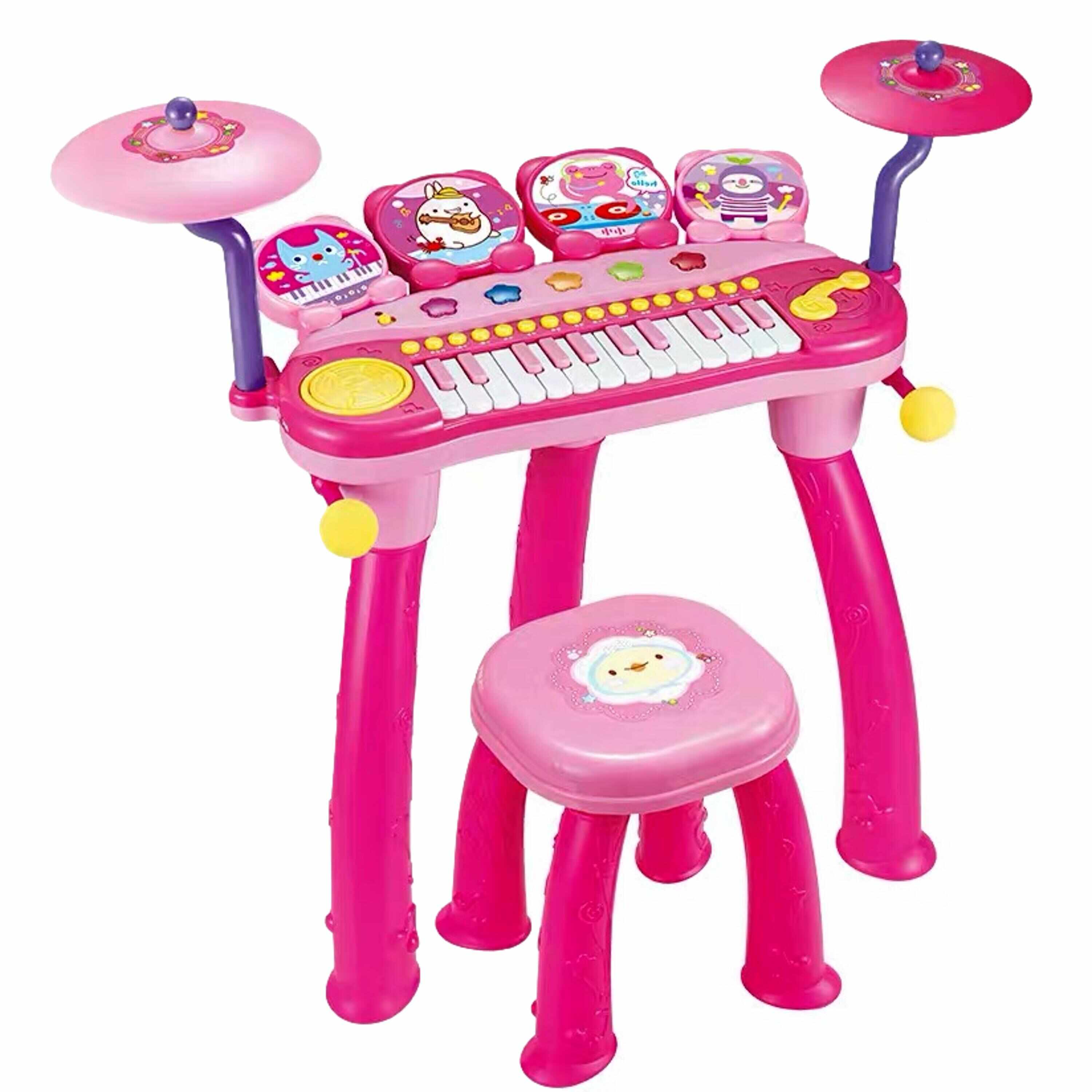 Orga muzicala pentru copii, diverse functii, Model Animalute, scaunel inclus, Roz