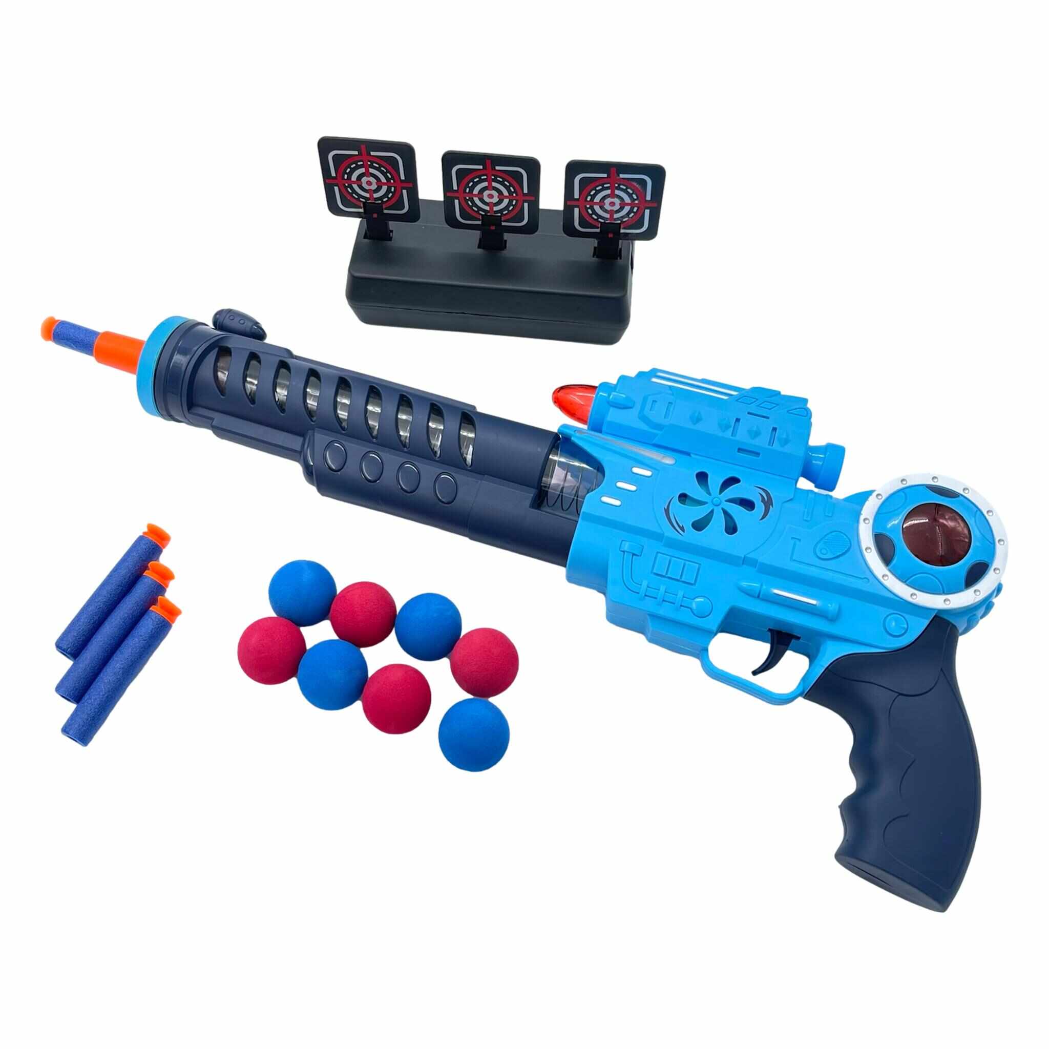 Set Arma de jucarie pentru copii, cu pistol de aer moale luminos, echipat cu schimbator, sunet si lumini colorate, cu tinta, Albastru