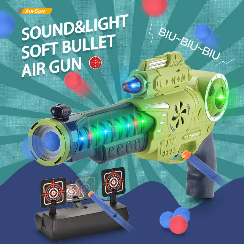 Set Arma de jucarie pentru copii, cu pistol de aer moale luminos, echipat cu schimbator, sunet si lumini colorate, cu tinta, Verde
