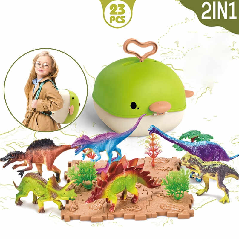 Set figurine dinozauri, Lumea dinozaurilor, 2in1 tip mini rucsac, portabila, verde
