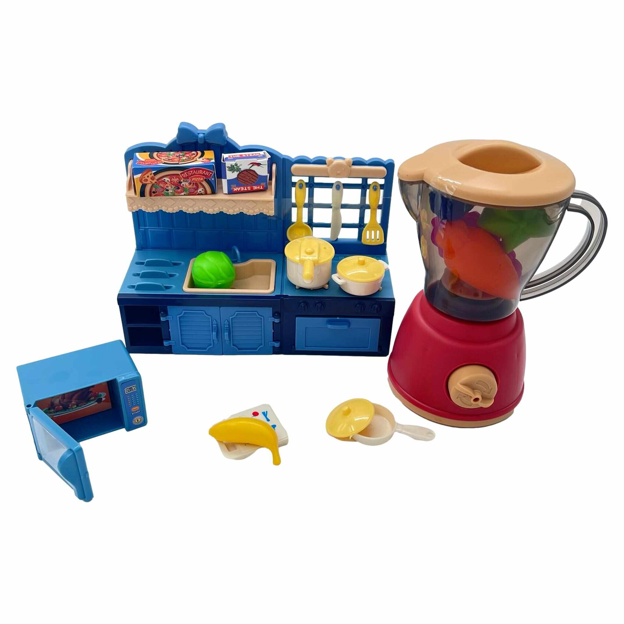 Set mini bucatarie pentru copii cu blender si accesorii, albastru