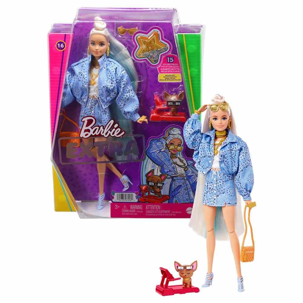 Papusa Barbie Extra cu Costum Albastru si Par Blond