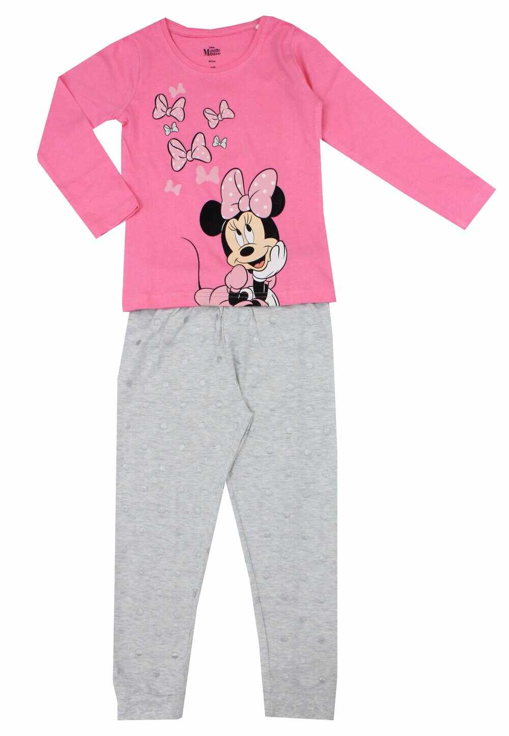 Pijama ML, bumbac, cu imprimeu, Minnie Mouse, roz cu pantalon gri