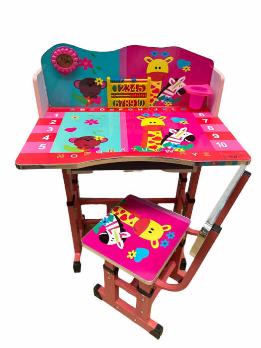 Birou cu scaun pentru copii, reglabile, cadru metalic si lemn, roz, Little Animals, B7 - Krista A