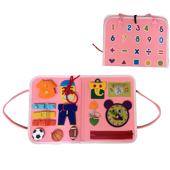 Carte senzoriala tip geanta, cu 16 activitati, 45x28 cm, din fetru, roz