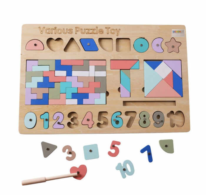 Joc Montessori 5 in 1, cu tangram, tetris si piese magnetice, din lemn