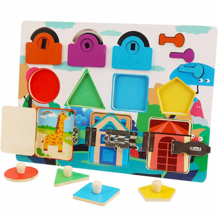 Joc Montessori Placa cu 5 activitati Tine-l Ocupat si Invata-l, din lemn