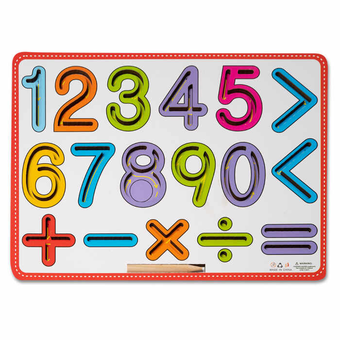 Placa Montessori Invata sa scrii Cifrele si semnele matematice, din lemn