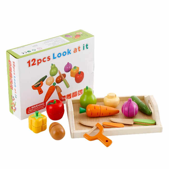 Set Montessori 12 Piese, Tavita cu legume si fructe de taiat, din lemn