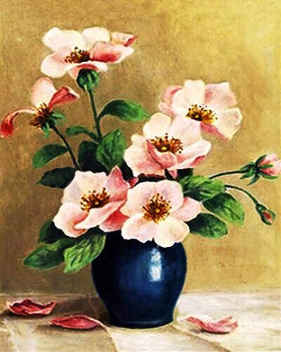 Tablou PM982, Vaza cu trandafiri salbatici roz, Picteaza dupa numere, cu rama de lemn, 40x50 cm - Krista