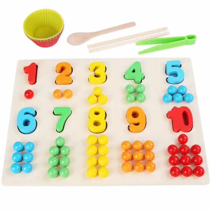 Jucarie Montessori placa multifunctionala de sortare si numarare, cu cifre si bilute