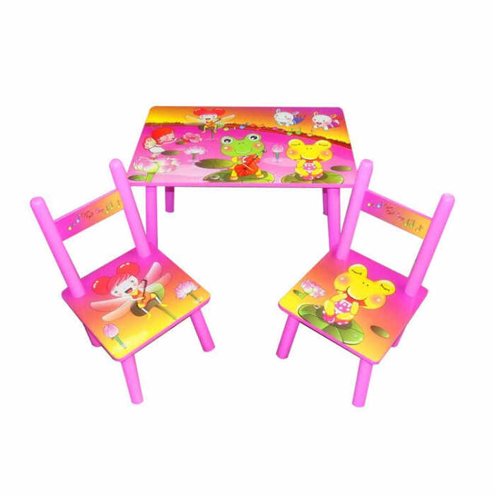Set masuta cu doua scaune pentru copii, din MDF, roz, 59x39x40 cm
