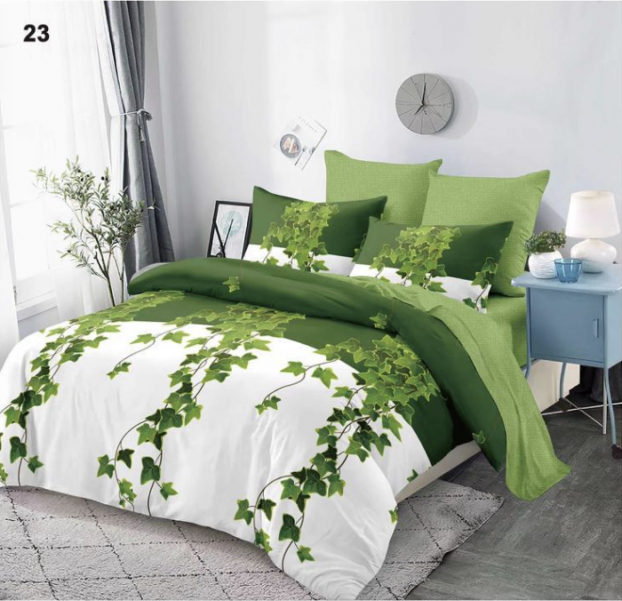 Lenjerie de pat 2 persoane, cu elastic, finet cu 6 piese, Alb-verde cu vita-de-vie E23