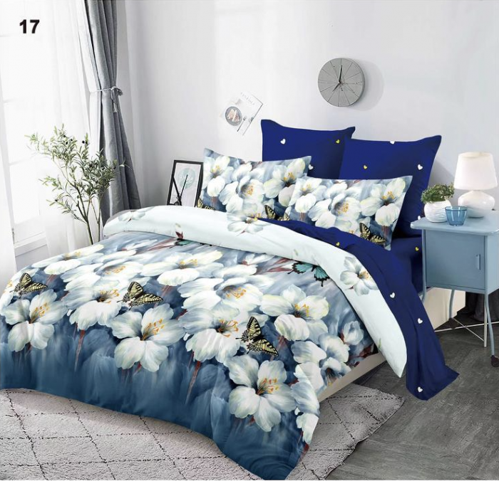 Lenjerie de pat 2 persoane, cu elastic, finet cu 6 piese, Albastru cu flori pastelate E17
