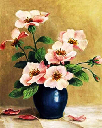 Tablou cu rama de lemn GM002, Vaza cu trandafiri salbatici roz, Pictura cu Diamante, Goblen cu pietre 5D, 40 x 50 cm