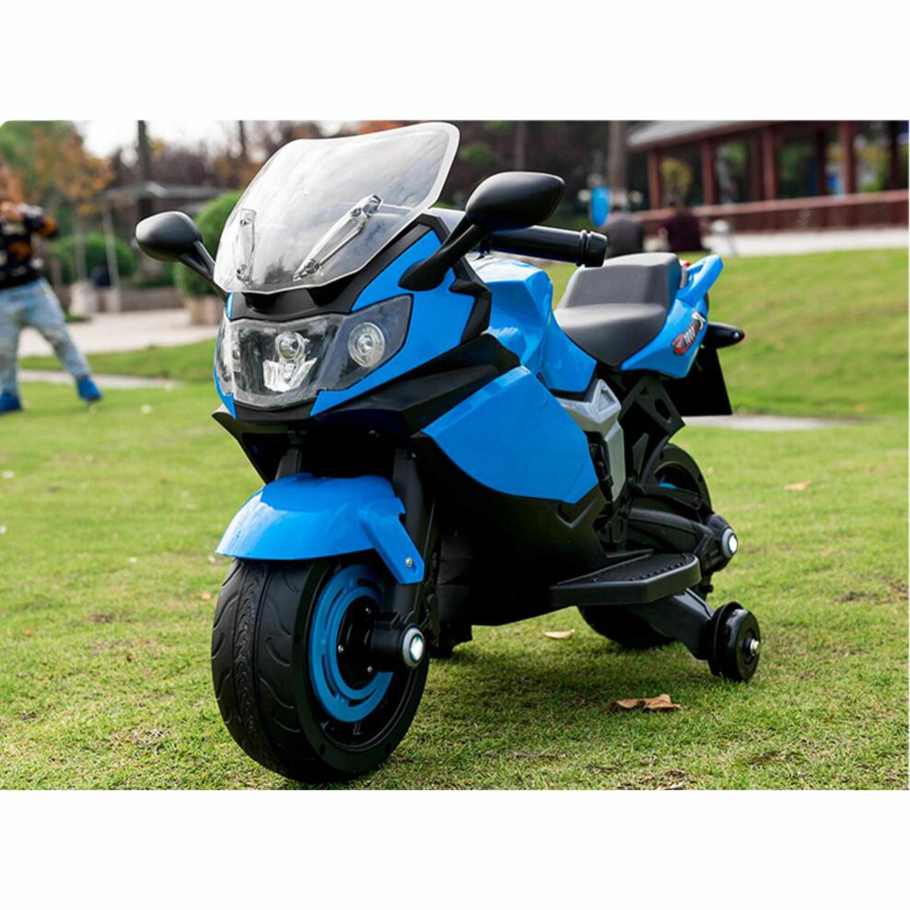 Jucarie Motocicleta Cu Acumulator Pentru Copii Cu Roti Ajutatoare, Mers Fata-Spate, Muzica Si Lumini, Mp3,Bleu