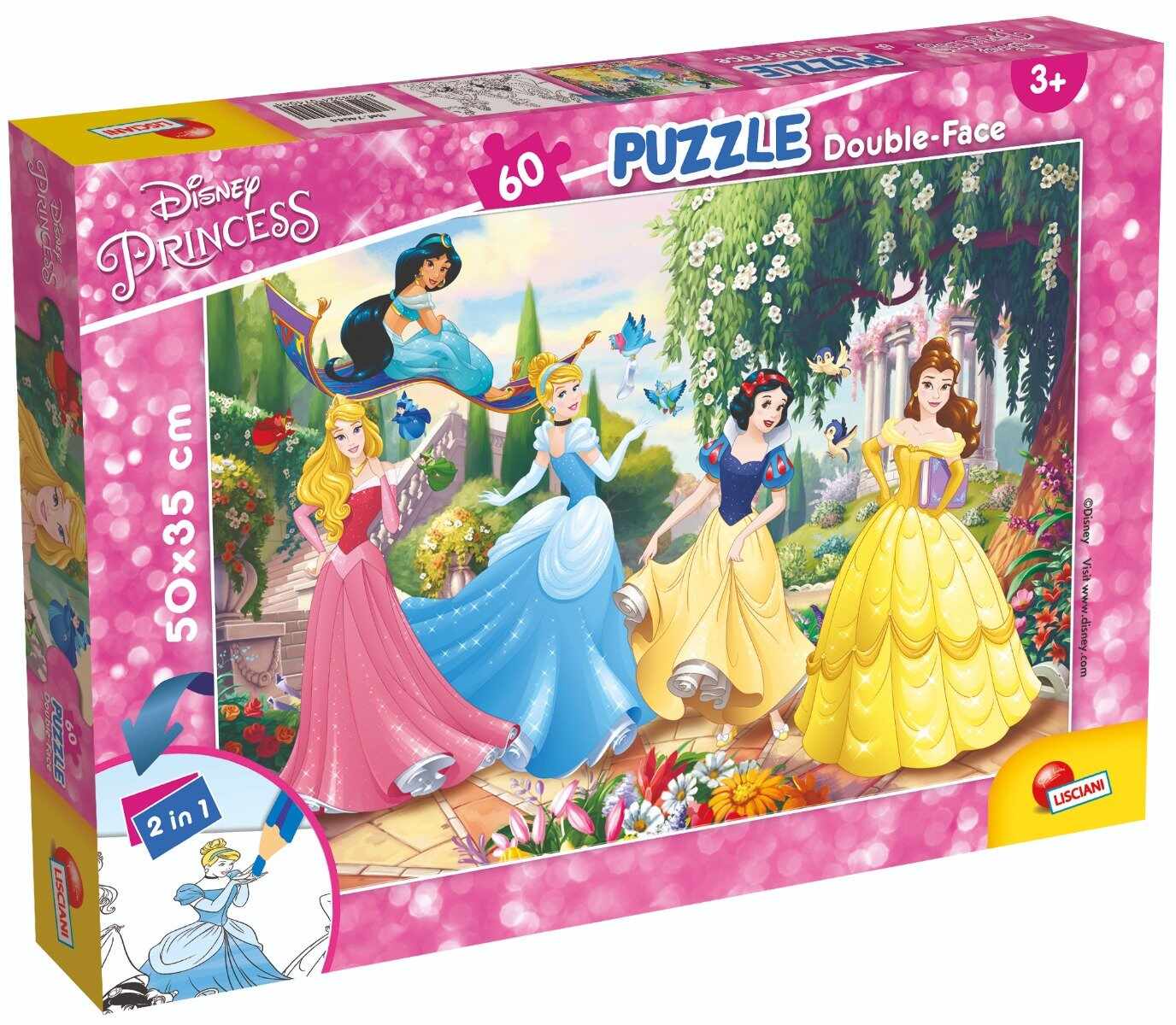 Puzzle 2 in 1 Lisciani Disney Princess, Petrecere in gradina, Plus, 60 piese