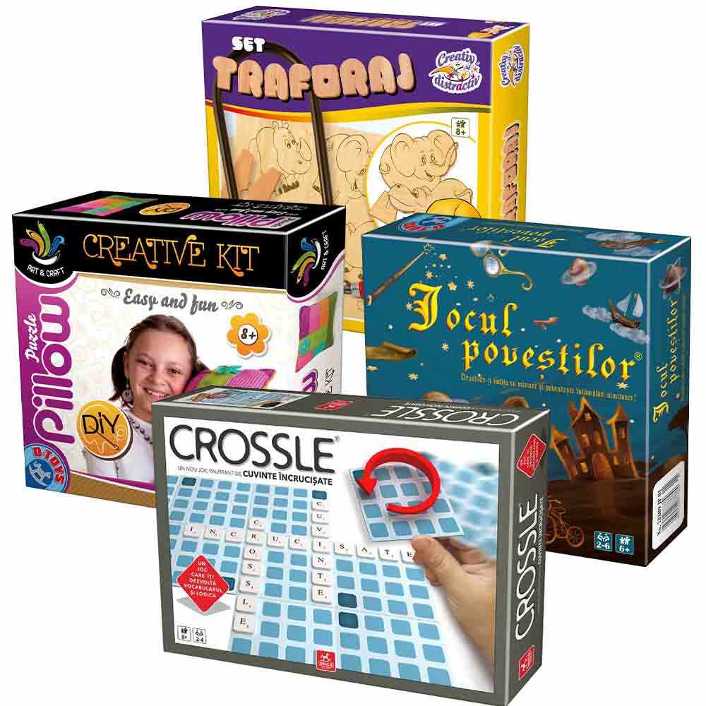 Pachet Family 4-în-1: Crossle + Jocul Poveștilor + Set Traforaj + Set creativ de cusut pernuță colorată